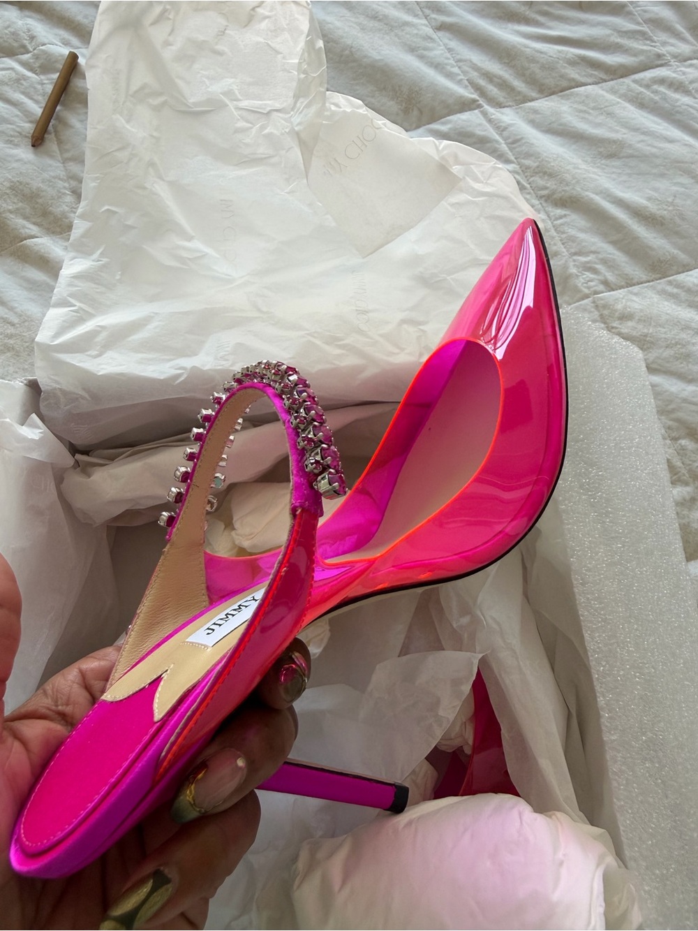 Jimmy Choo Fuchsia Patent Slingback Heels with Crystal Strap